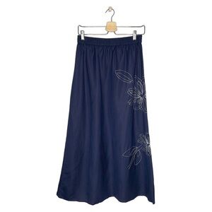 Ulla Popken Blue Linen Blend Floral Embroidered Elastic Waist A Line Skirt
